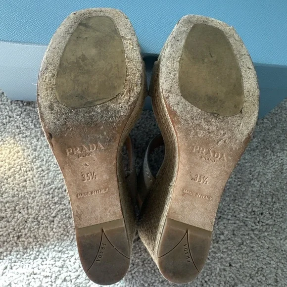 Prada Nude Suede Jute 4 inch Wedge Peep Toe Sandal 35.5 /  5.5 US $850 - Picture 11 of 14